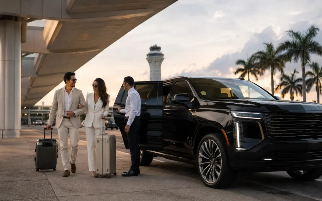 Driver welcoming travelers for a private Miami Airport transfer
