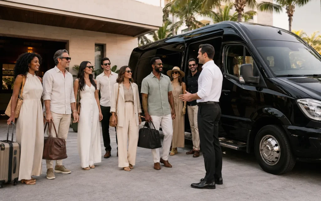 Travelers and passenger van for group transportation in Miami