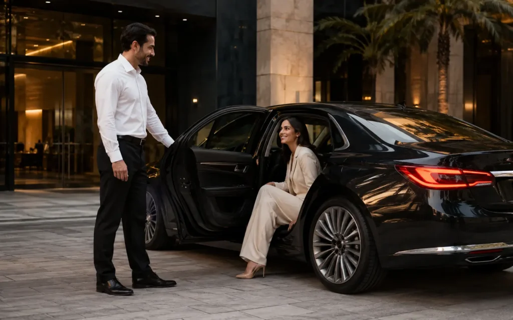 Chauffeur opening a vehicle door for hourly black car service in Miami